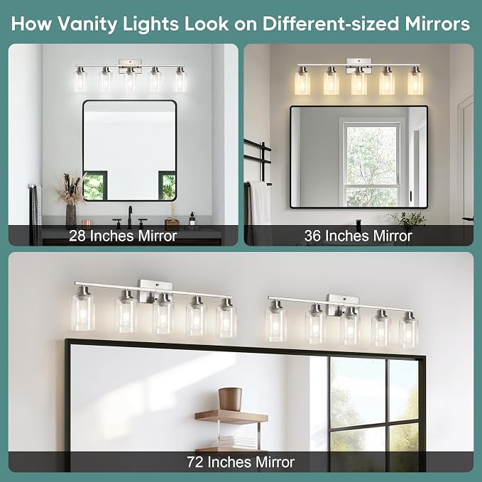 Ascher Bathroom Light Fixtures, 5-Light Vanity Light Over Mirror, Brushed Nickel Wall Sconces with Clear Glass Shades, Wall Lamp for Living Room Bedroom, E26 Base(Bulbs Not Included)