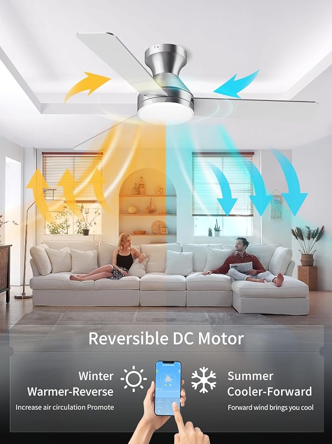LANMEL Metal Ceiling Fan with Lights and Remote, 42 Inch, Silver | Modern Low Profile Flush Mount, Reversible, 3CCT Dimmable, Quiet, LED, For Bedroom, Living Room, Indoor/Outdoor Patio Use