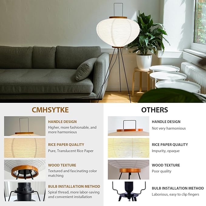 Rice Paper Floor Lamp, Japanese Paper Lantern for Wabi Sabi Decor | Noguchi Style Paper Lamp, Handcrafted Paper Lampshade, Metal Tripod Stand, E26 Base