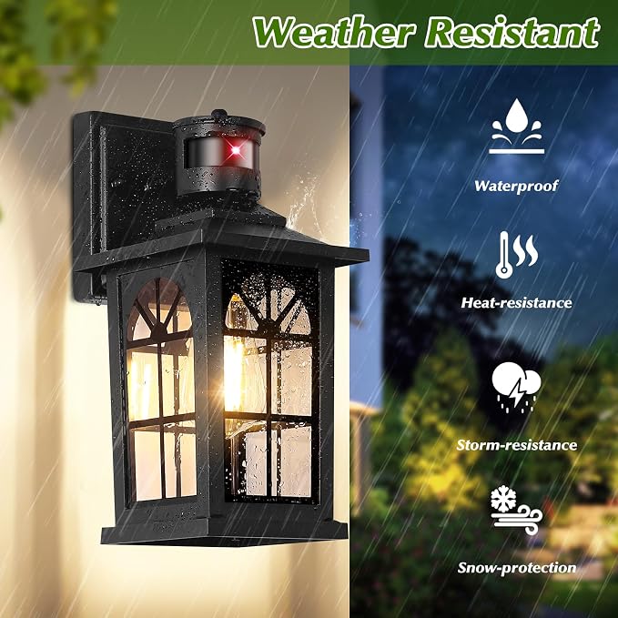 2-Pack Motion Sensor Outdoor Wall Lights, Modern Porch Lights | Auto ON/OFF, 3 Lighting Modes, Waterproof, Rust-Resistant, Aluminum Frame & Sturdy Glass, Easy to Install
