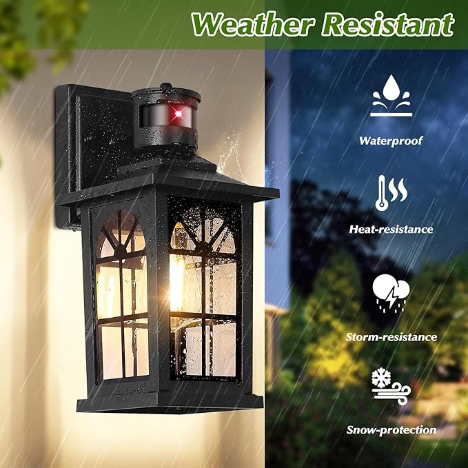 Motion Sensor Outdoor Wall Light Fixture, Dusk to Dawn Porch Light | Auto ON/OFF, 3 Lighting Modes, Waterproof, Rust-Resistant, Aluminum Frame & Sturdy Glass, Easy to Install