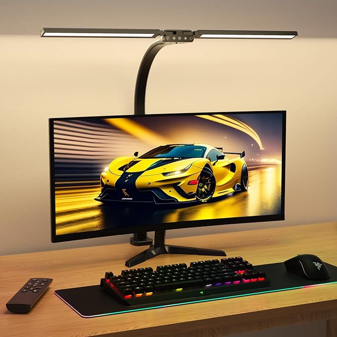 Upgraded Desk Lamp for Home Office - Dimmable Computer Desk Light with Remote, Modern Architect Task Lamp with Color Changing, Flexible Desktop Lamp with Gooseneck for Monitor, Double Head