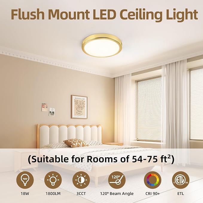 Hlite 9 Inch LED Flush Mount Ceiling Light,1800LM,4PacK,3CCT | 18W 3000K/4000K/5000K Selectable, Super Slim, Low Profile Round Ceiling Light Fixtures for Kitchen Bedroom Hallway,Gold