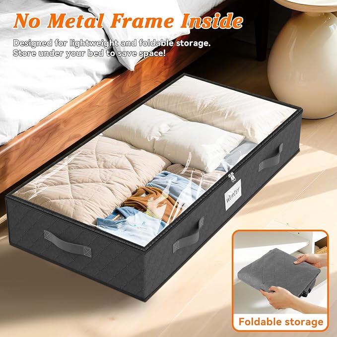 90L Under Bed Storage Containers, Storage Bags, Organizers, 8-Pack, Gray | Foldable, Soft Fabric, Closet Organizers, Reinforced Handle, Label Holder, Clear Window, for Comforters, Clothing, Blankets