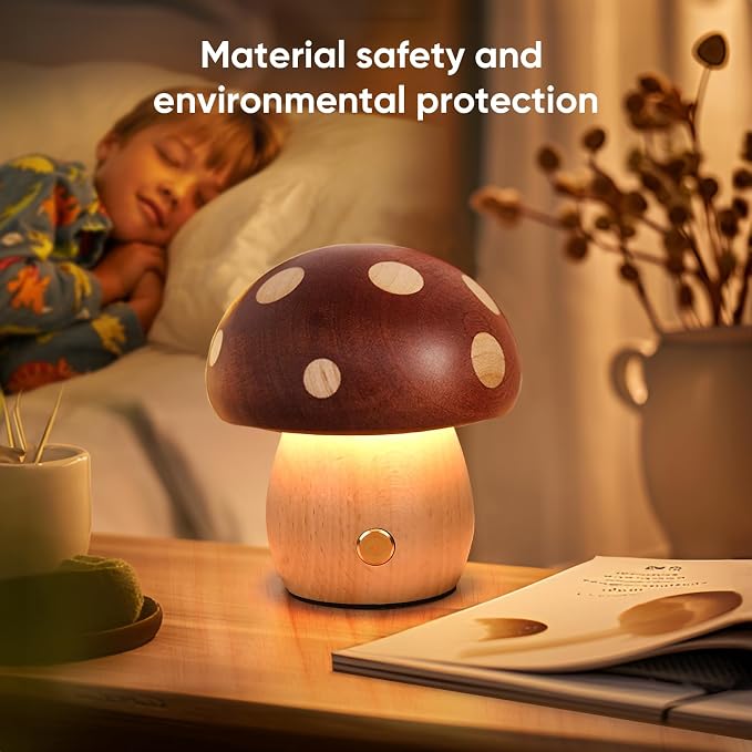 YIEONSHION LED Wood Mushroom Table Lamp, Rechargeable Cordless Touch Bedside Lamps, Wireless Stepless Dimming Night Light, Portable Battery Lamp for Bedroom Nightstand for Birthday Gifts (XMG-Small)