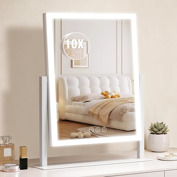 Acoolda Vanity Mirror with Lights,16.9"x 14" Lighted Makeup Mirror, Makeup Mirror with Lights,Three Color Lighting Modes, and 10X Magnification Mirror, Smart Touch Control, 360°Rotation White
