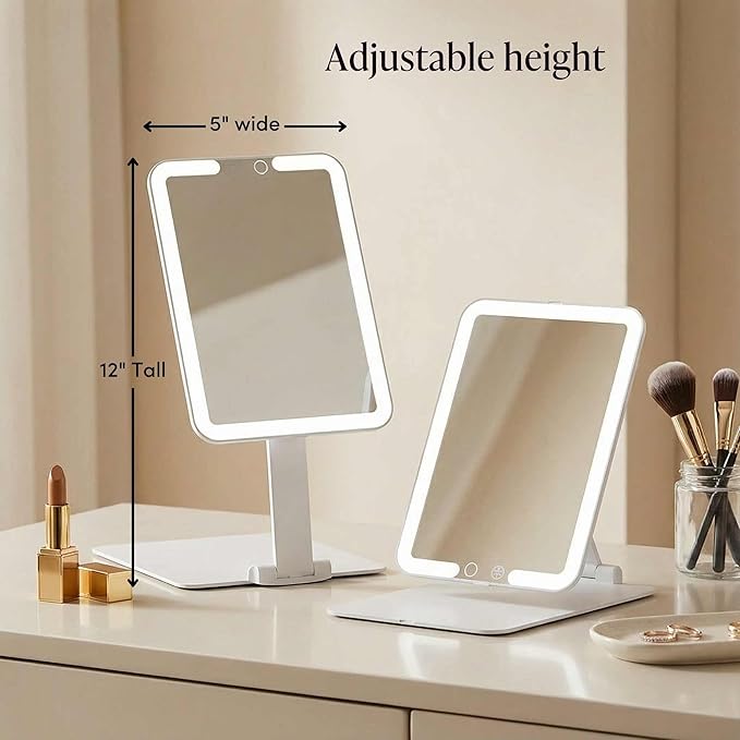 Fancii Rechargeable Travel Makeup Mirror with Bright LED Lights and 3 Color Modes - Ultra Thin, Portable and Lightweight, Touch Dimming, Compact Folding Mirror, Lighted Vanity Mirror, Nora Mini