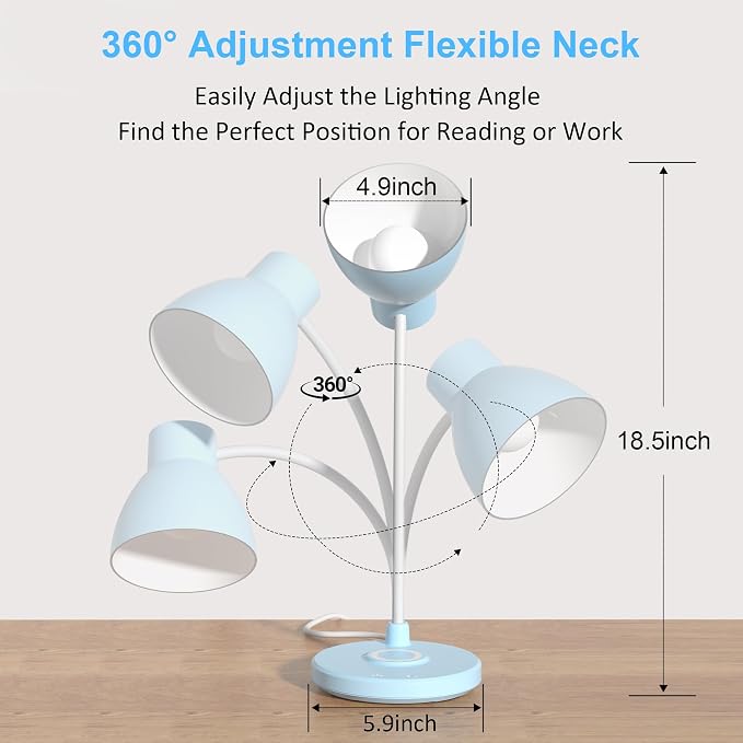 LED Desk Lamp for Home Office with Wireless Charger, Blue | 3 Color Modes Dimmable Eye-Caring Study Reading Dorm Desk Lamp, 360° Flexible Arm Table Lamp for College Dorm Room, 800 Lumen