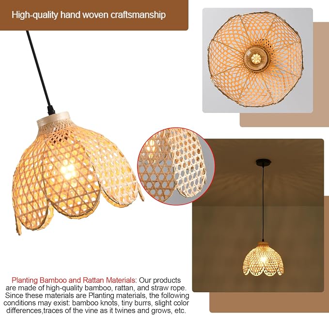 3-Pack Bamboo Pendant Light Mini Rattan Chandelier | 10.6" Boho Bamboo Rattan Pendant Lights,Hand Woven Rattan Chandelier for Kitchen Island Dining Bedroom Living Room