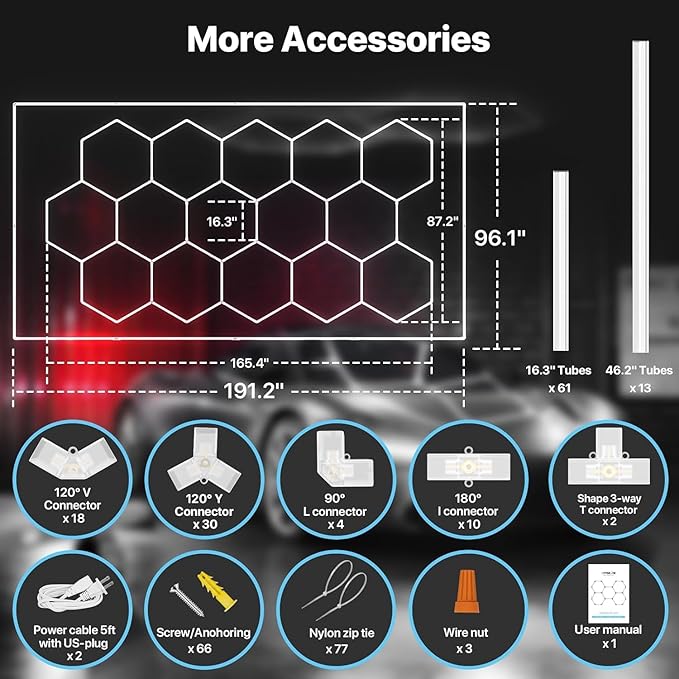 HYPERLITE Gen 2 Hexagon Garage Lights: 15 Grids with Border DIY Hexagon Led Lights, 6500K Ultra Bright, Easy Install Hex Light, Durable Design for Garage, Car Detailing, Workshops, Gym(Red)