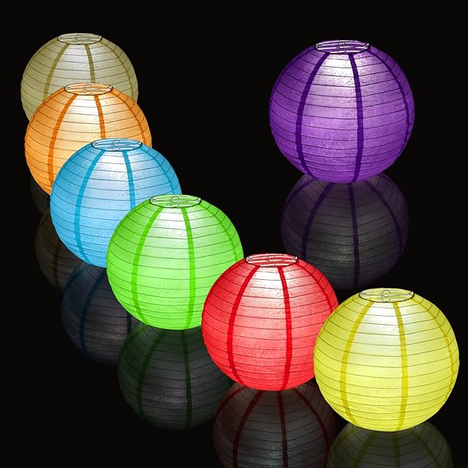 12pcs Purple Paper Lanterns with 12pcs White LED Lights, 6" 8" 10" 12" Round Hanging Chinese/Japanese Ball Lantern for Mardi Gras Wedding Anniversary Birthday Party Decorations