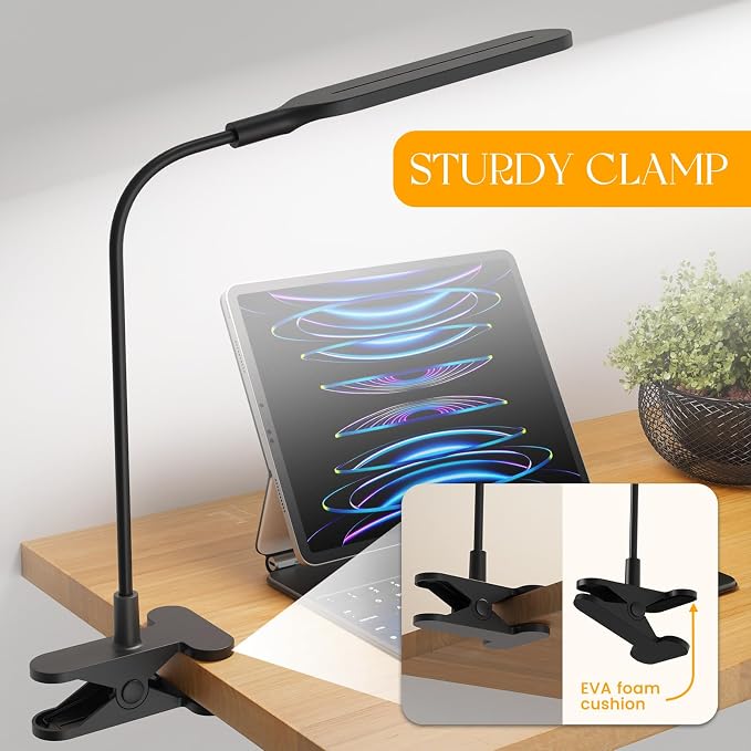 LED Clip on Light, 3 Color Modes & 10 Brightness Levels, 360° Flexible Gooseneck Clamp Lamp, Ultra Wide Brightness Range, USB Eye-Caring Table Light for Home Office/Reading/Painting, Black