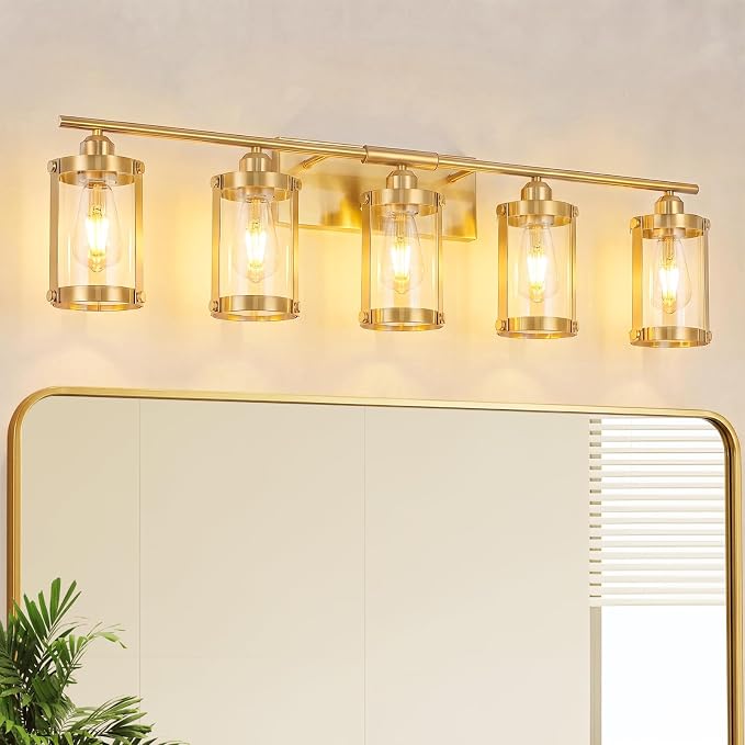 5-Light Brushed Gold Bathroom Light Fixtures Over Mirror with Clear Glass and Metal Cage Shade, 38" UL-Listed Modern Farmhouse Wall Sconce for Bath, Hardwire E26, OS-3014BG-5W