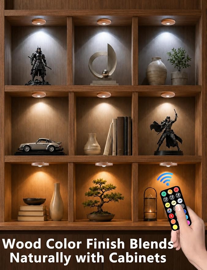 Puck lights with remote, 2000mAh rechargeable cabinet light, Under Cabinet Lighting Wireless, Display Cabinet, Dimmable Magnetic Stick-On Shelf , push lights battery operated，(Wood Color, 3 Pcs)