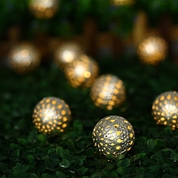 Hann LED Solar Globe String Lights, 12ft 10 LEDs Moroccan Orb Ball, Waterproof Ambiance Lighting, 3000K Warm White, Starry Fairy Lights for Outdoor Garden Yard Patio Party Christmas Party