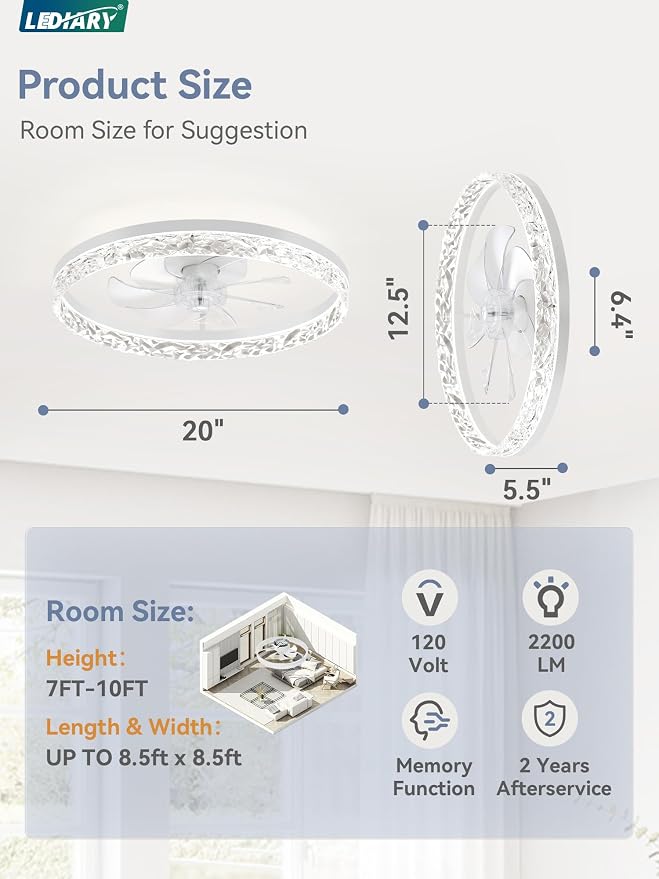 LEDIARY 20" Modern Ceiling Fans with Lights and Remote, White Fandelier | Dimmable Low Profile, Flush Mount Ceiling Fan, Stepless Color Temperature Change, 6 Speeds, Bedroom, Living Room, Kitchen