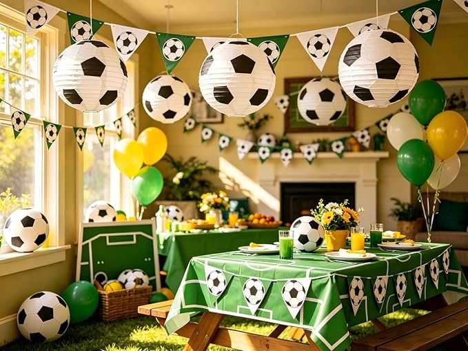 ZOOYOO Soccer Paper Lanterns, 8 Pack Sports Themed Hanging Lanterns for Soccer Birthday Party,Match Day Decorations,Classroom and Nursery Decor, 8 and 10 Inch Round Black and White Lanterns