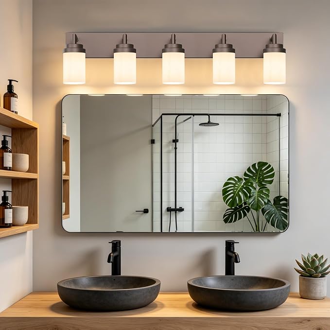 Bathroom Light Fixtures, Oil Rubbed Bronze Bathroom Lighting Fixtures Over Mirror, Modern Vanity Light with White Glass Shade, Restroom Lighting Fixtures, 5-Light 36-inch