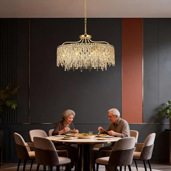 10 Lights Modern Gold Crystal Chandeliers for Dining Room Light Fixture | D28 Round Crystal Chandelier Over Table | Hanging Lighting for Living Room Kitchen Island Bedroom Bathroom