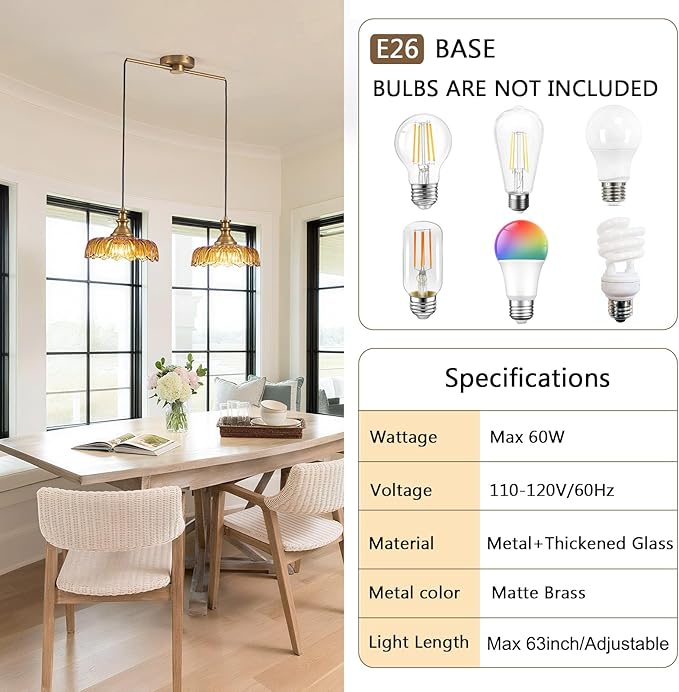 HDDFL Vintage Pendant Lighting Fixtures Modern Glass Hanging Lamp with Adjustable Cord for Kitchen Island Dining Room Hallway 2 Light Brass and Amber