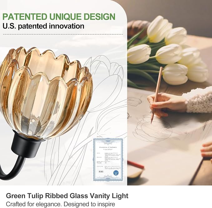 Bathroom Light Fixtures, 3-Light Black Vanity Light with Ribbed Amber Tulip Glass Shades, 20-Inch Bathroom Lighting Over Mirror for Bedroom, Living Room, Hallway (Bulbs Not Included)