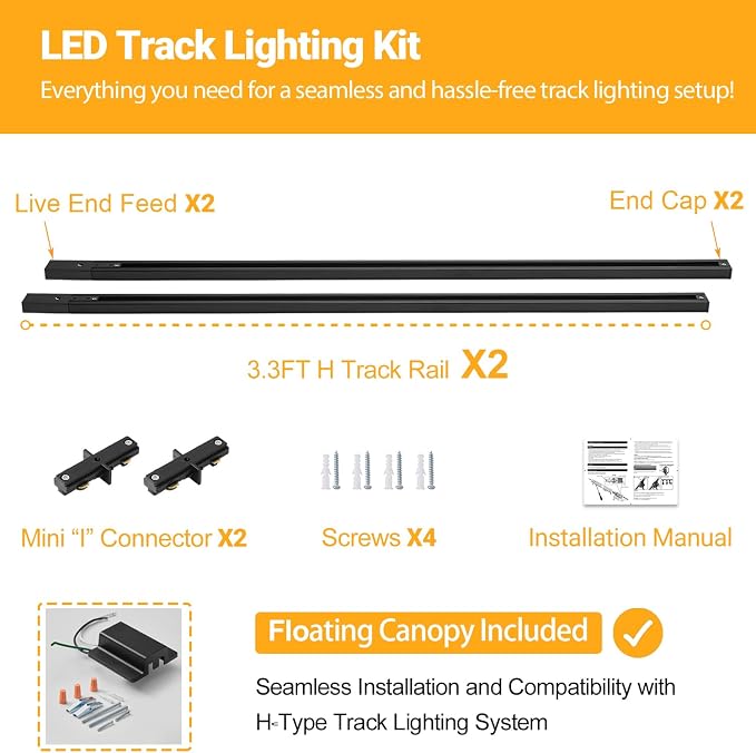 VANoopee 6.6FT H Track Lighting Rails with Floating Canopy Connector, Black | H Type Track Lighting Kit | End Caps, Live End Feeds, I T & L Connectors Included | H Style Track System Compatible