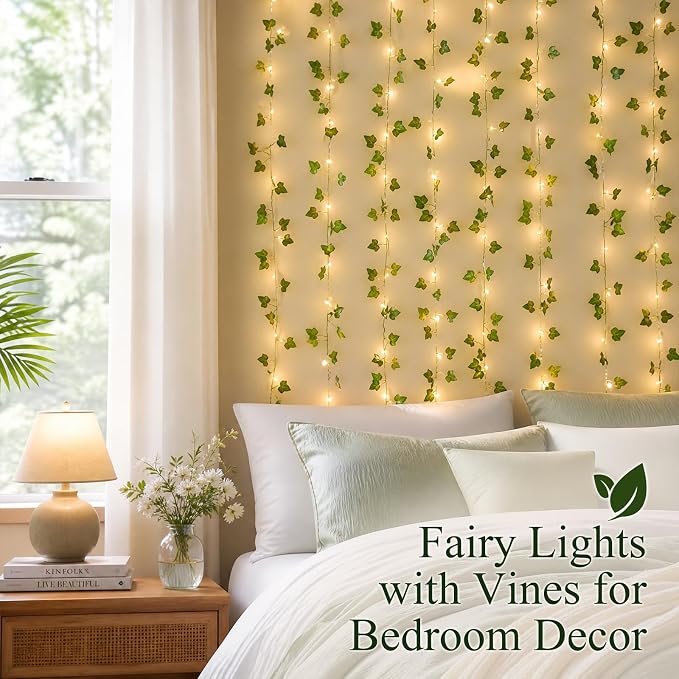 BobbleT Vines with Lights for Bedroom, 200 LED Fairy Curtain Lights | Warm White Fairy String Lights for Bedroom, 6.5 ft x 6.5 ft, USB Powered with Remote Control and 8 Modes for Bedroom & Dorm