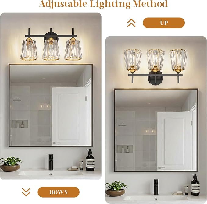 Crystal Bathroom Light Fixtures Over Mirror, Black Gold 3-Light Bathroom Vanity Lights Over Mirror Modern Wall Lighting Sconces with Ceramic E26 Base (Bulbs Not Include)