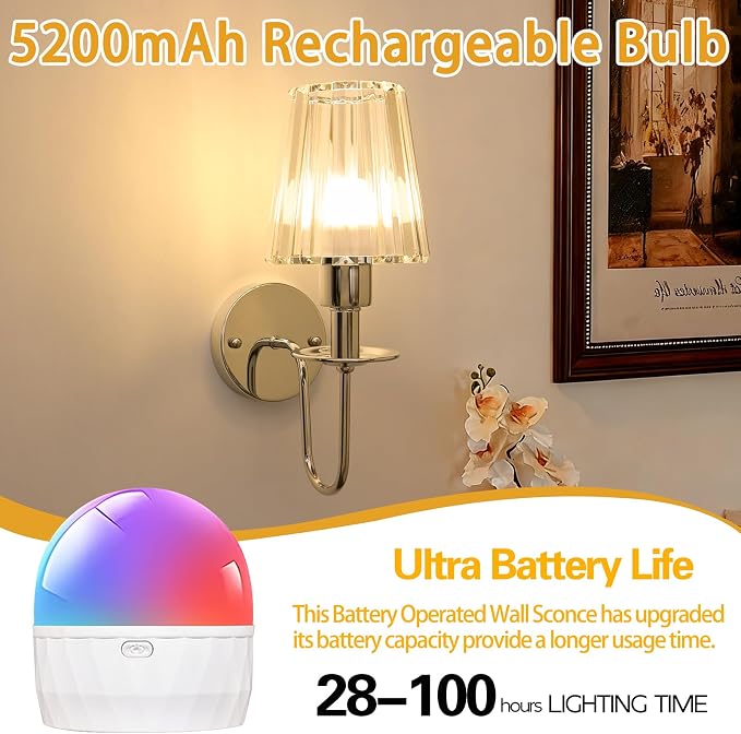 Battery Operated Wall Sconces Set of 2, Sliver Crystal Wall Lights | 5200mAh rechargeable wall lights with magnetic bulbs, remote control, 15 colors, 10-level dimming and timer for bedrooms