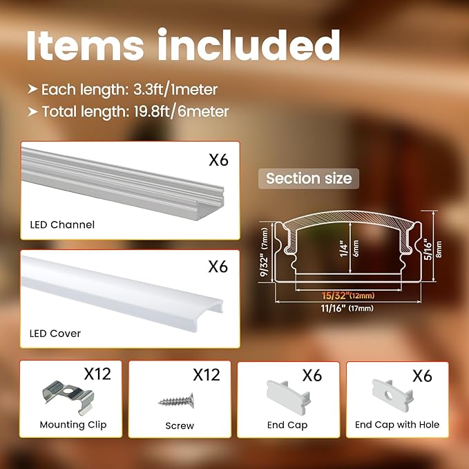 Muzata 6Pack 3.3FT/1M LED Channel Aluminum U Shape Silver LED Strip Diffuser Channel with Milky White Cover Easy Installation U1SW WW 1M