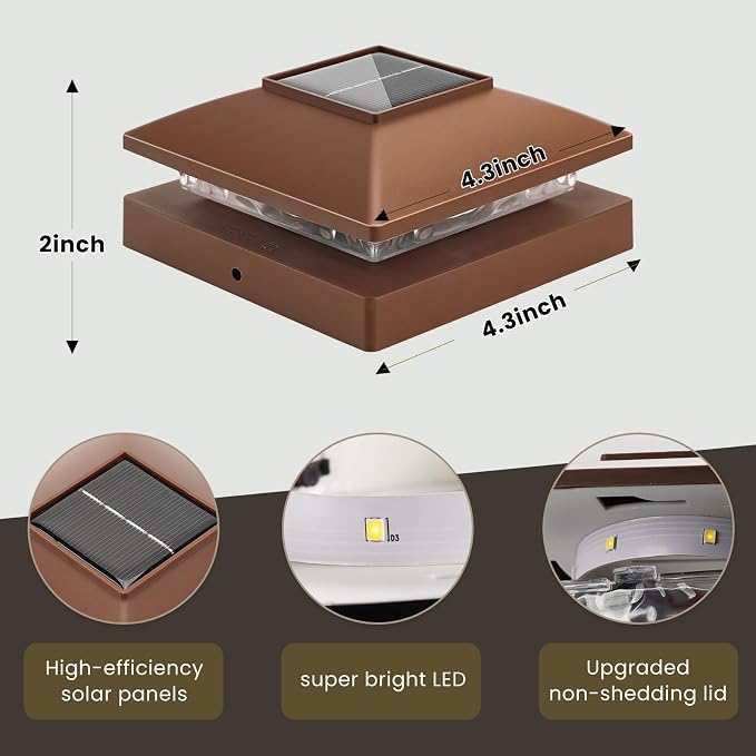 Solar Post Cap Lights Outdoor 24pack, Waterproof Solar Powered Deck Fence Post Lights Fit 4x4 Wood/Vinyl Posts, Bright Warm White Solar Post Lights Decorate Deck, Patio, Porch, Fence(Brown)