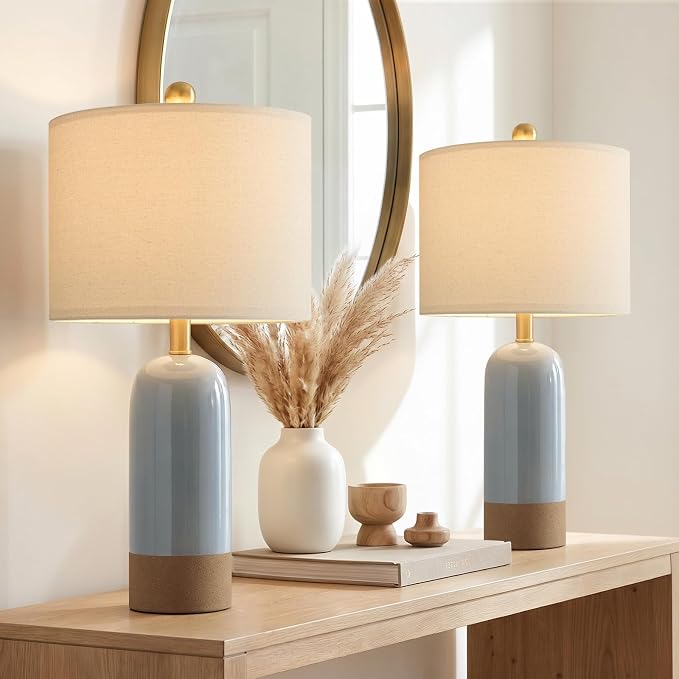 PoKat 24'' Farmhouse Blue Table Lamps Set of 2 for Living Room, Two-Tones | Ceramic Bedside Lamps for Bedroom, Hand-Textured Design, Kiln Variation Glaze, Coastal Lamps for Nightstand, Hallway,Entryway