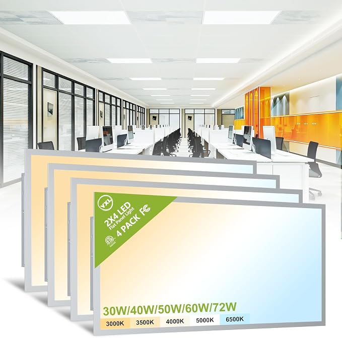 YXL 4 Pack 2x4 LED Flat Panel Light Drop Ceiling Light Fixture, 9576LM, 5CCT LED Drop Ceiling Office Light, 72W/60W/50W/40W/30W Selectable,6500K/5000K/4000K/3500K/3000K,Dimmable 0-10V,ETL
