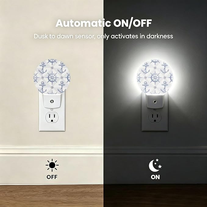 LED Night Light Ship Anchor Night Lights Plug into Wall Auto on/off | Compass Nautical Vintage Plug-in Night Light with Dusk to Dawn Sensor, Energy Saving Nightlight for Hallway Kitchen