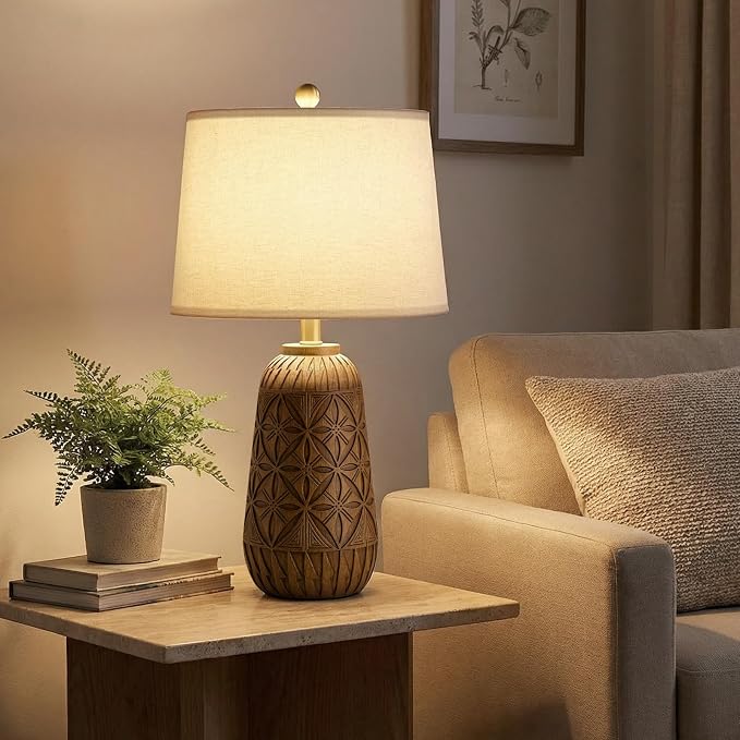 BOBOMOMO 24" Modern Farmhouse Table Lamp, Geometric Hand-Carved Resin Bedside Lamp with Wood Grain Finish, Rustic Nightstand Lamp for Bedroom & Living Room, Cottage Decor, Rotary Switch
