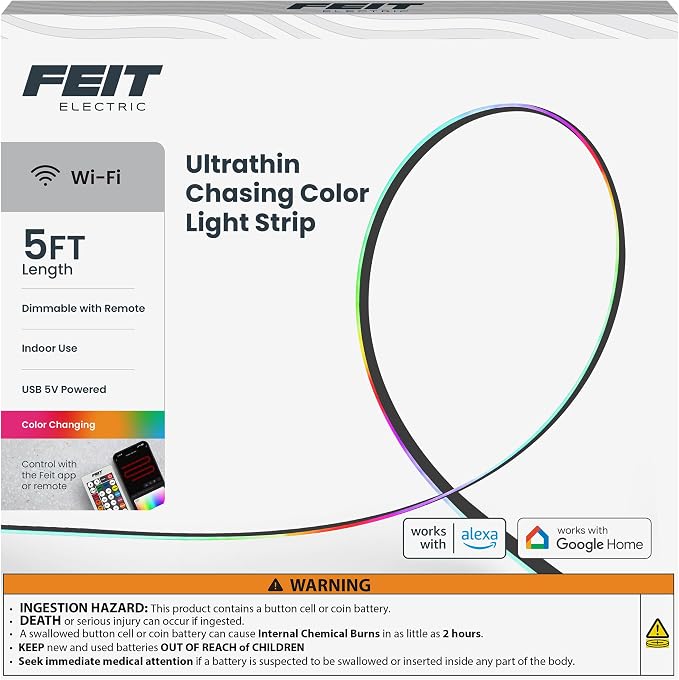 Feit Electric Ultrathin Smart Chasing Color LED Light Strip, 5FT USB Powered, App & Remote Control, Dynamic Multicolor Effects, Compatible with Alexa & Google Home, TAPE60TCOB/RGBUSB/AG