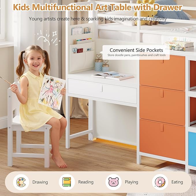 DICTAC Low Loft Bed with Desk and 6 Storage Drawers Twin Loft Bed with Bookshelf,LED Lights & Under-Bed Play Space,Kids Twin Beds with 13.8''H Safety Guardrail,Inclined Ladder & Play Curtain,Colorful