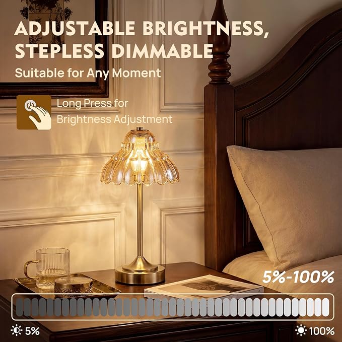 Flower Battery Operated Rechargeable Lamp Cordless, Petal, Amber | Small, Vintage, Gold, Wireless, LED, Dimmable, Table, Home Decor, Bedroom, Bedside, Nightstand, Birthday Gifts for Women