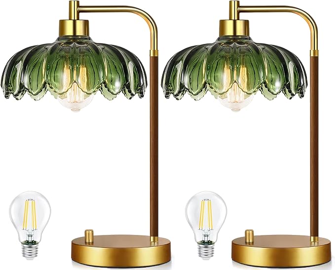 ILLMTW Vintage Table Lamp Set of 2 for Bedroom Living Room,Small Bedside Lamps Dimmable Boho Bedroom Lamp with Glass Green Flower LampShade,Mid Century Modern Mini Nightstand Lamp Gold Side Table Lamp