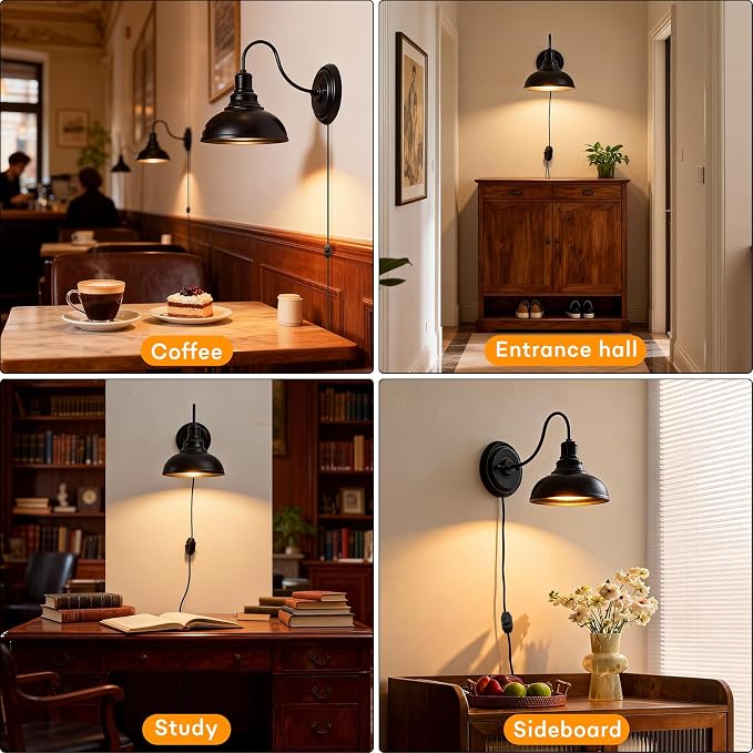 Lightess Plug in Wall Sconces Set of 2, Black Lamp with Cord Dimmer Switch | Gooseneck Farmhouse Style, Dimmable Switch Easy Brightness Control, Rustic Industrial Barn Style Fits Indoor Household Decor