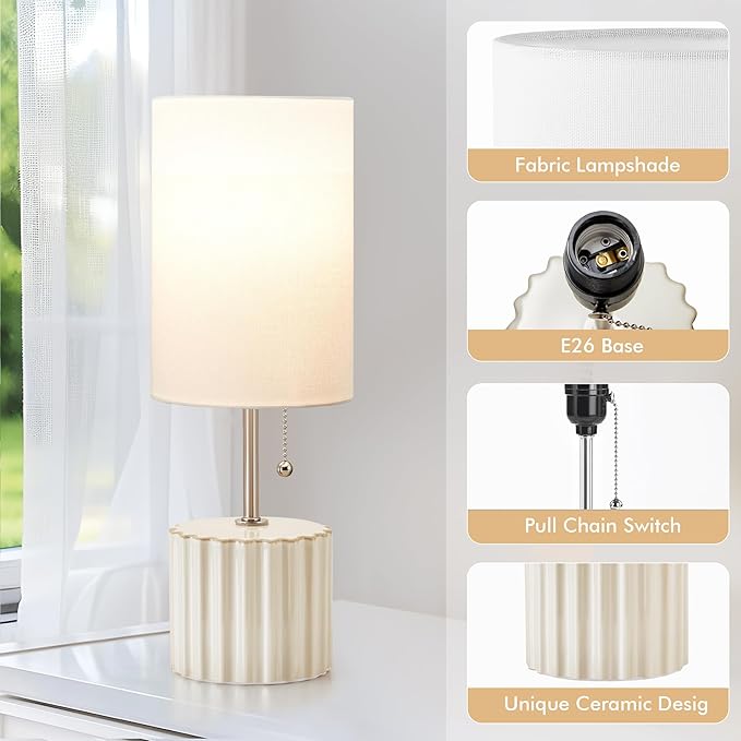 GyroVu Ceramic Small Table Lamp Set of 2, Adjustable Color Temperature Bedside Nightstand Lamps with Pull Chain for Bedroom Living Room Reading, 2 Bulbs