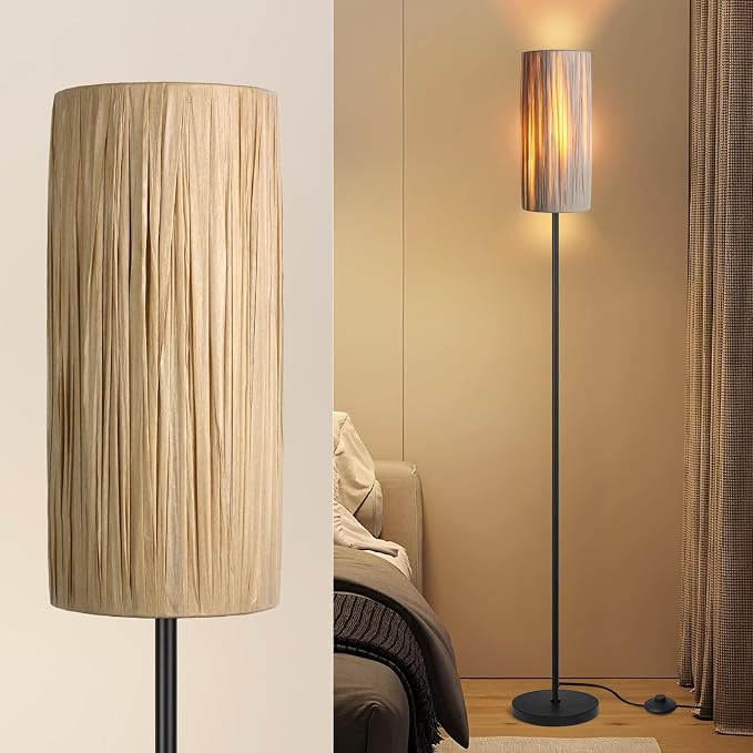 Ruiever Floor Lamp for Living Room,Rattan Boho Floor lamp,Modern Standing lamp with Hand-Worked Woven Shade (Hand Woven Shade-3 Color Bulb)