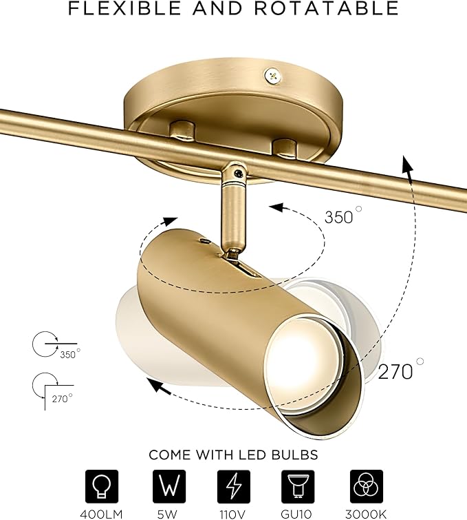 FEMILA LED Track Lighting, 50" Track Lighting Fixtures, Rotatable Kitchen Track Lights, Brass Gold Finish, GU10 Base, 4FS79TL-6 BG