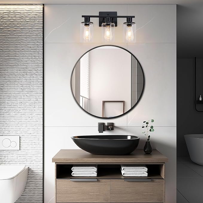 Matte Black Bathroom Light Fixtures Over Mirror,3-Light Bathroom Vanity Light with Clear Glass Shade,Modern Farmhouse Wall Sconces Lighting for Mirror Kitchen Living Room Cabinet
