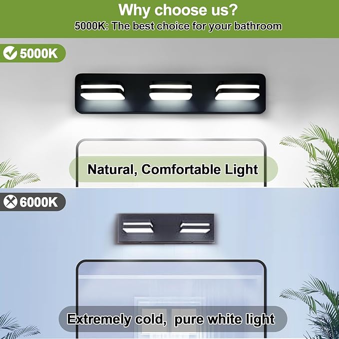 360° Rotate LED Dimmable Bathroom Vanity Light Fixtures, 1300LM Acrylic Matte Black Vanity Lights for Bathroom, Modern Wall Lighting Fixtures Over Mirror Kitchen Living (Natural White Light 5000K)