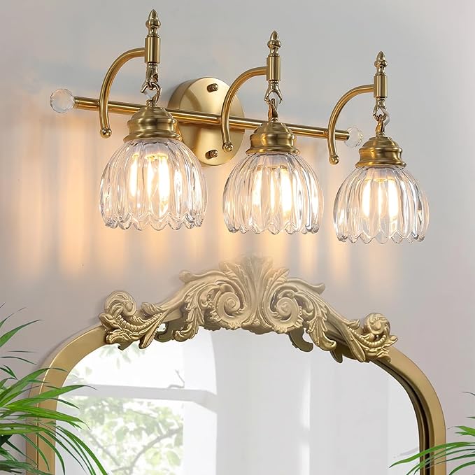 3 Light Vintage Vanity Light,Gold Brass Bathroom Light Fixture with Flower Clear Glass Shades,Bathroom Wall Light Over Mirror,E26 Base,Bulbs NOT Included