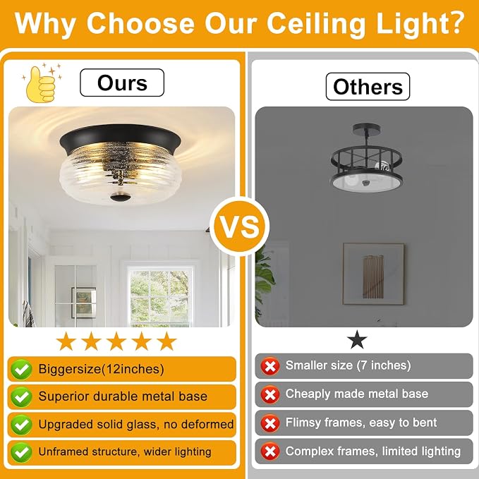 Black Flush Mount Ceiling Light Fixtures, 2-Light Ceiling Mount for Modern with Clear Air Bubble Glass Shade, Industrial Flush Mount Light Fixture Farmhouse for Hallway Kitchen Bedroom Foyer Entryway