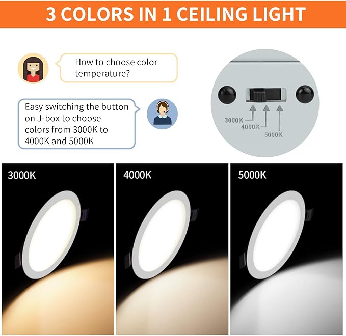 Meconard 6 Pack 6 Inch Ultra-Thin LED Recessed Ceiling Light, 3000K/4000K/5000K Selectable, Dimmable 12W=110W, 1050LM, IC Rated Can-Killer Downlights with Junction Box, ETL and Energy Star Listed