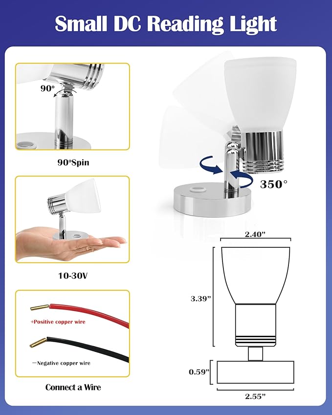 THALASSA Boat Reading Light 12V Interior LED Fixtures RV Reading Lamp Wall Sconce for Marine Caravan Camper Van Motorhome Indoor Lighting with Built-in Touch Dimmer Switch