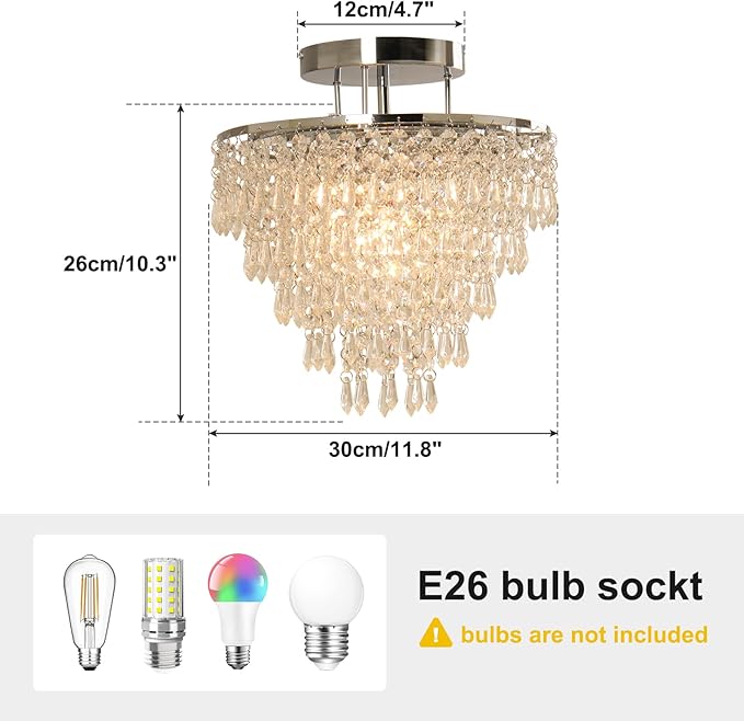 FRIXCHUR 11.8" Crystal Chandelier Chrome Flush Mount Ceiling Light 5 Tiers Raindrops Silver Chandeliers for Bedroom Hallway Living Room,E26 Base